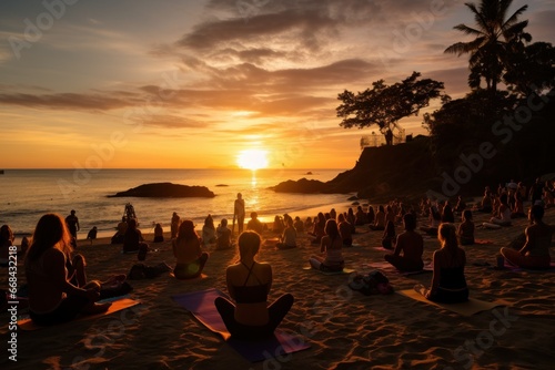 Sunset yoga on the beach, participants aligning with nature.