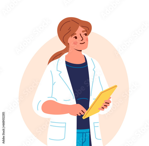Medical employee in uniform concept. Woman in medical coat. Doctor and nurse with textbook. Graphic element for website. Cartoon flat vector illustration isolated on white background