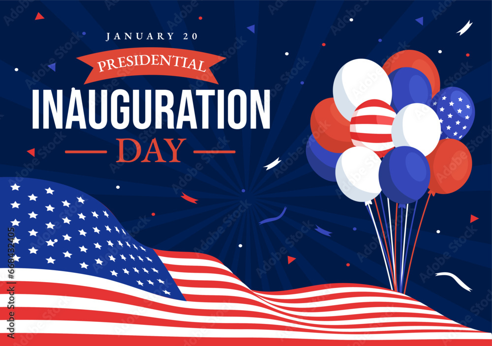 USA Presidential Inauguration Day Vector Illustration January 20 with Capitol Building Washington D.C. and American Flag in Background Design - obrazy, fototapety, plakaty 