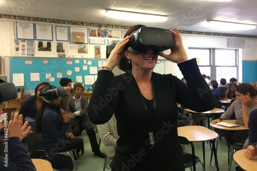 Teacher conducting a virtual field trip using VR headsets.