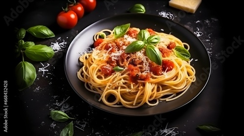 delicious appetizing classic spaghetti pasta with tomato sauce  parmesan cheese and fresh basil  top view