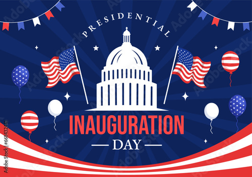 USA Presidential Inauguration Day Vector Illustration January 20 with Capitol Building Washington D.C. and American Flag in Background Design