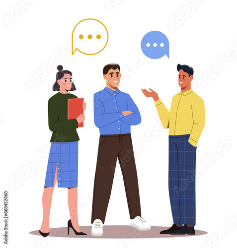 Business meeting concept. Men and woman talking about workflow. Students and friends communicate. Poster or banner. Cartoon flat vector illustration isolated on white background