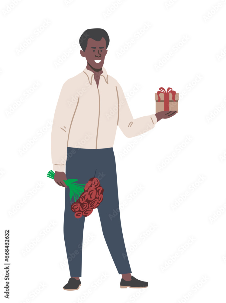 Man gives flowers scene. Young guy with bouquet of red plants and gift box. Romantic present and surprise. Template and layout. Cartoon flat vector illustration isolated on white background Man gives flowers scene. Young guy with bouquet of red plants and gift box. Romantic present and surprise. Template and layout. Cartoon flat vector illustration isolated on white background