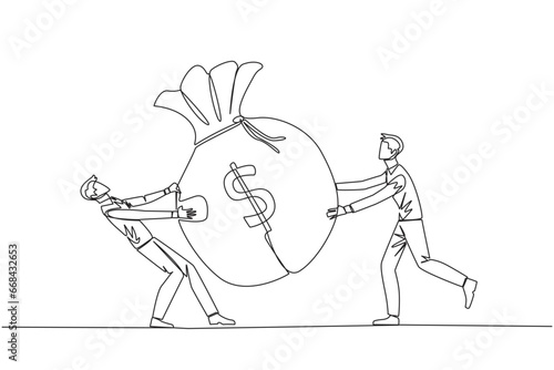 Single continuous line drawing two businessman fighting over the big money bag. Fighting for additional capital after several shares were released to the public. One line design vector illustration