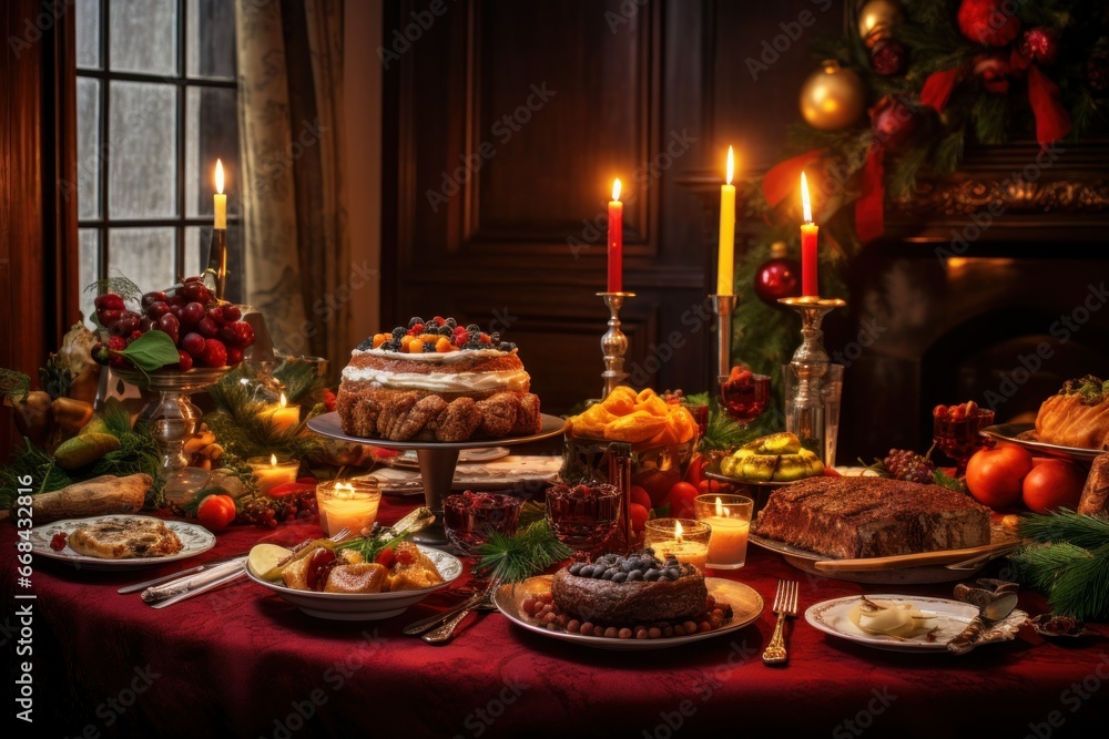 Traditional Christmas feast with a beautifully set table.