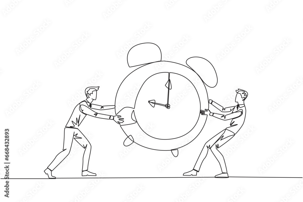 Single continuous line drawing two emotional businessman fighting over the big alarm clock. The concept of fighting for rare items for prestige. Conflict. Attack. One line design vector illustration