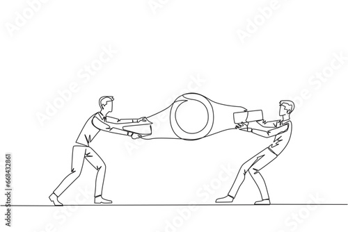 Fototapeta Naklejka Na Ścianę i Meble -  Continuous one line drawing two emotional businessman fighting over boxing belt. Fight for to be the greatest and strongest businessman. Businessman battle. Single line draw design vector illustration
