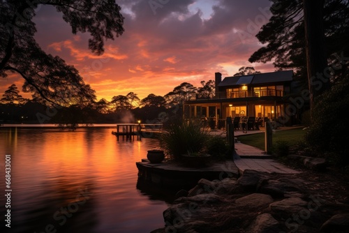 Tranquil sunset by the serene lakeside retreat.