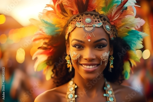Beautiful young woman in carnival stylish masquerade costume with feathers and sparklers in colorful bokeh