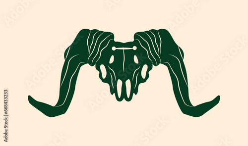 Mystical animal in boho style. Green silhouette of head of goat. Mysticism and esotericism, occultism. Template and layout. Cartoon flat vector illustration isolated on beige background