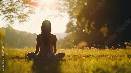 陽の光がよくあたる緑の中でヨガ（瞑想）をする女性の後ろ姿