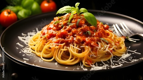 Delicious spaghetti served on a black plate