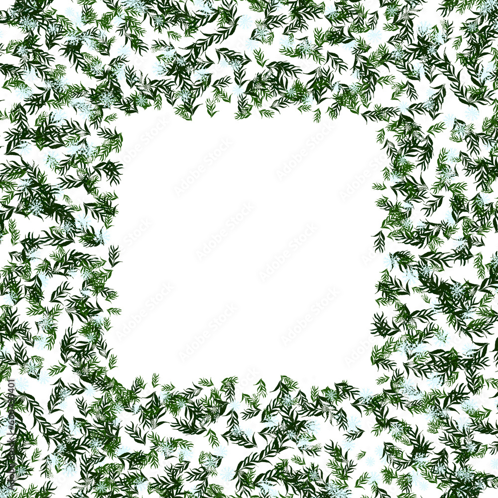 Fototapeta premium winter frame with leaves branch and snowfall border