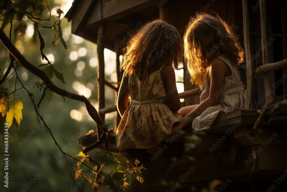 Two young girls sharing secrets under a treehouse, away from prying eyes.