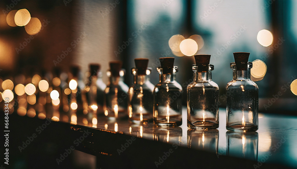 Glass bottles lined up on a windowsill