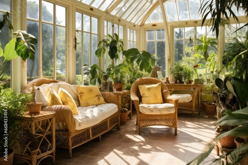 Tropical sunroom filled with exotic plants and rattan furniture.
