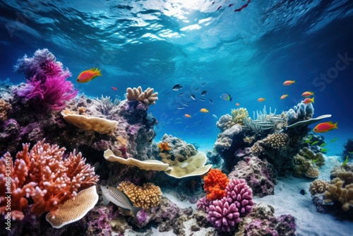 Underwater scene of a coral reef teeming with marine life. © Lucija