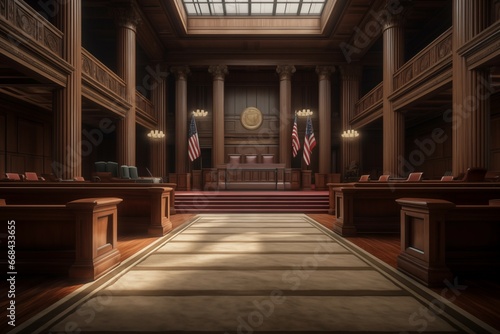 Empty American Style Courtroom. Supreme Court of Law and Justice Trial Stand photo