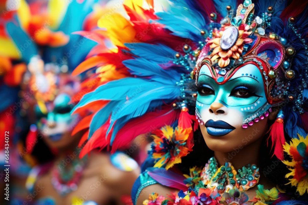 Vibrant carnival performers in dazzling costumes during a street parade