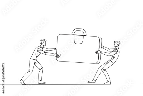 Single continuous line drawing two aggressive businessman fighting over the briefcase. Fight over the client data contained in the bag. Businessman attack. Target. One line design vector illustration