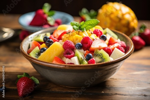 Vibrant bowl of fruit salad with a mix of tropical fruits.
