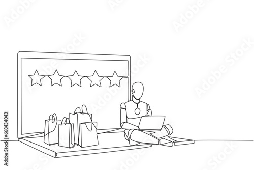 Single one line drawing happy robotic sitting on giant laptop typing on laptop. Bought a lot from online shop. Give a review of 5 stars. Ecommerce. AI tech. Continuous line design graphic illustration