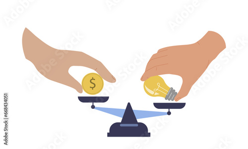 Business negotiation concept. Hands with lightbulb and money near scales. Collaboration and cooperation, partnership. Cartoon flat vector illustration isolated on white background