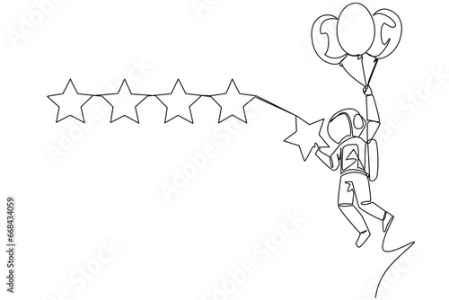 Single one line drawing young astronaut flying with balloon carry 1 star and want to align it with the other 4 stars. Trying to give perfect rating. Cosmic. Continuous line design graphic illustration