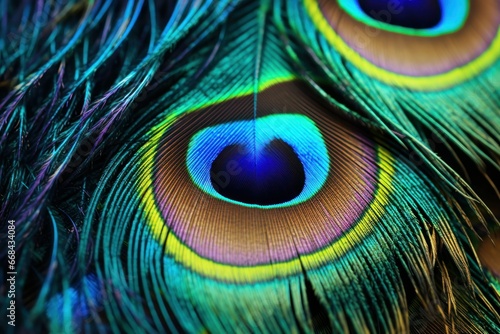 Vibrant colors of a peacock feather in sharp detail. © Lucija