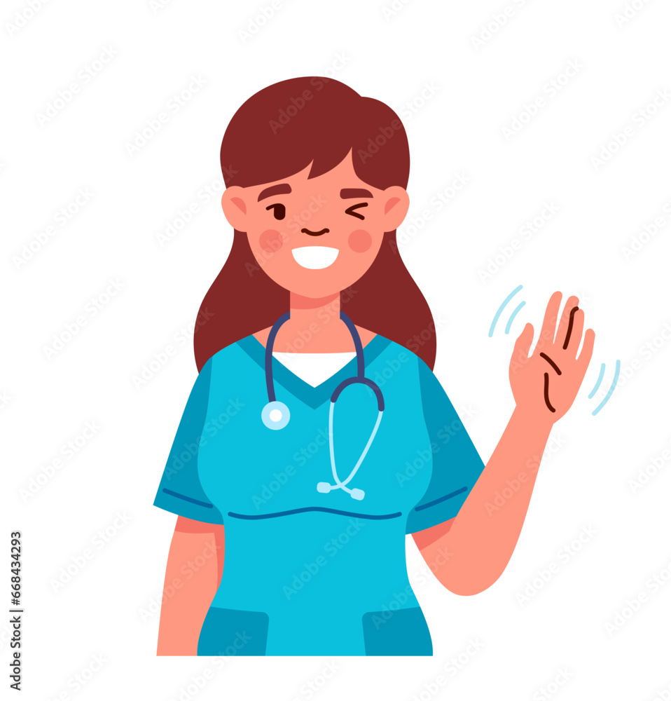 Female nurse in uniform. Woman in blue uniform with stethoscope. Cheerful and happy character. Graphic element for website. Cartoon flat vector illustration isolated on white background