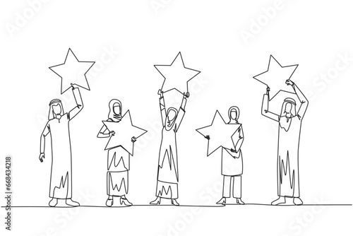 Single one line drawing group of three Arabian women and two Arabian men raised their respective stars. Give positive feedback and the best review. 5 star. Continuous line design graphic illustration