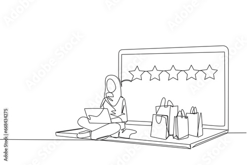 Continuous one line drawing happy Arabian woman sitting on big laptop typing on laptop. Bought a lot from online shop. Give a review of 5 stars. Ecommerce. Single line draw design vector illustration