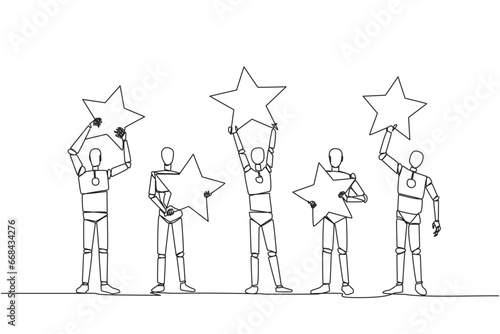 Single continuous line drawing group of five artificial robotic intelligence raised their respective star. Give positive feedback and the best review. 5 star. Online shop. One line vector illustration