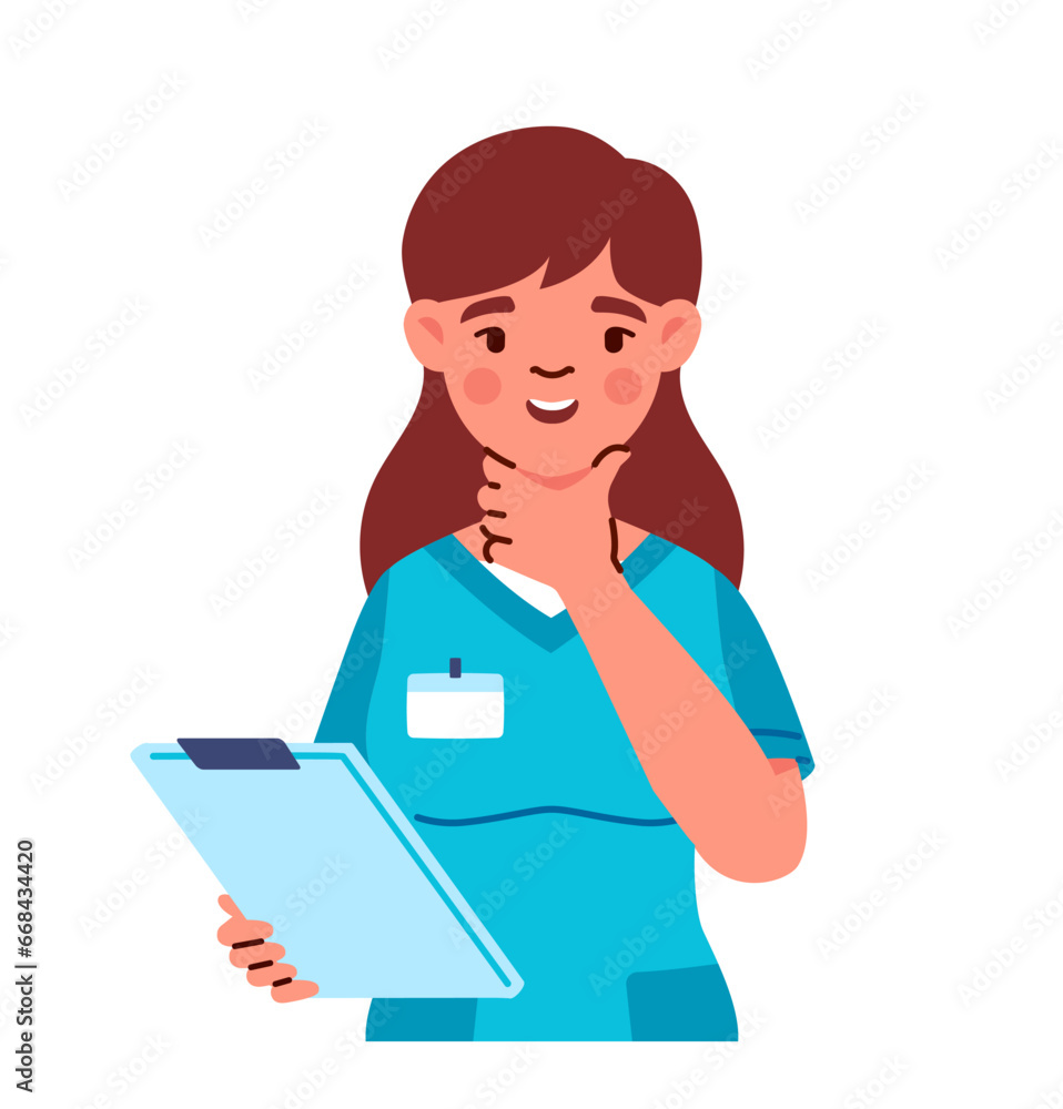 Female nurse in uniform. Woman in blue uniform with stethoscope. Doctor think about patient. Young girl with textbook. Poster or banner. Cartoon flat vector illustration isolated on white background