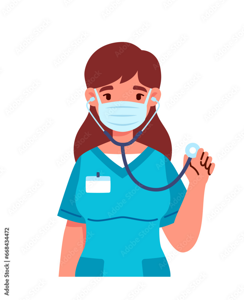 Female nurse in uniform. Woman in blue uniform with stethoscope. Doctor in face mask. Sticker for social networks and messengers. Cartoon flat vector illustration isolated on white background
