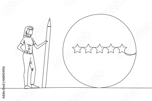 Single one line drawing happy woman stands holding a large pencil and next to is a large circle encircling all 5 stars. Five star rating positive feedback. Continuous line design graphic illustration