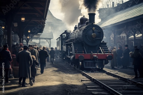 Vintage train station with steam locomotive and passengers.