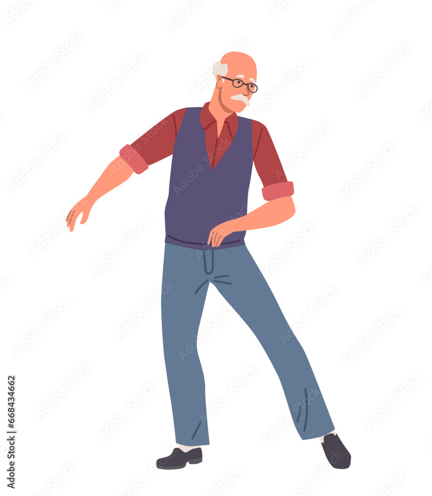 Old person dance concept. Elderly man in glasses dancing. Active lifestyle and leisure. Pensioner having fun. Social media sticker. Cartoon flat vector illustration isolated on white background Old person dance concept. Elderly man in glasses dancing. Active lifestyle and leisure. Pensioner having fun. Social media sticker. Cartoon flat vector illustration isolated on white background