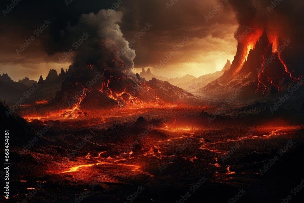 Volcanic landscape with lava flow and ash cloud.