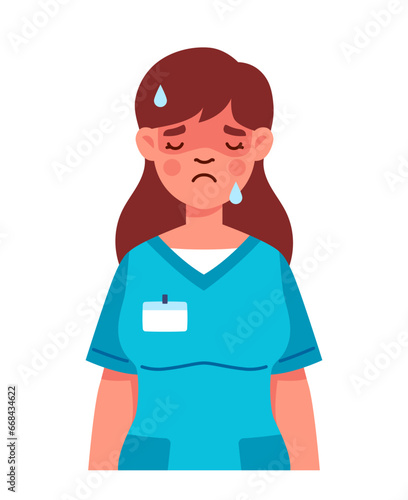 Female nurse in uniform. Woman in blue uniform with stethoscope. Tired doctor with emotional burnout. Poster or banner for website. Cartoon flat vector illustration isolated on white background