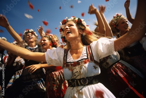 Vivacious dancers celebrate during a traditional folk festival.