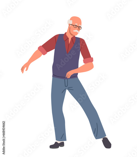 Old person dance concept. Elderly man in glasses dancing. Active lifestyle and leisure. Pensioner having fun. Social media sticker. Cartoon flat vector illustration isolated on white background © Rudzhan