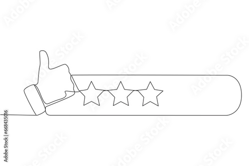 Fototapeta Naklejka Na Ścianę i Meble -  Single one line drawing thumbs up next to 3 stars. Star rating. Mid range review. Feedback concept. Buyer experience. Customer review rating. Ecommerce. Continuous line design graphic illustration