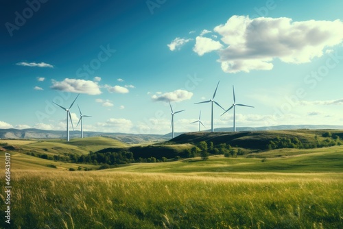 Wind turbines in a vast field generating clean energy.