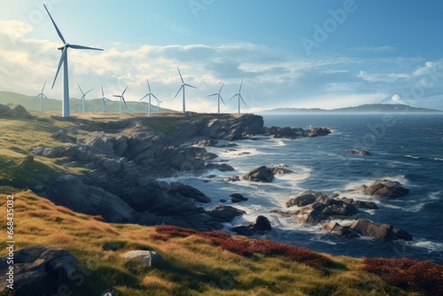 Wind turbines on a coastal cliff, utilizing offshore wind energy.