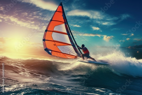 Windsurfer catching a strong breeze on a clear ocean day.