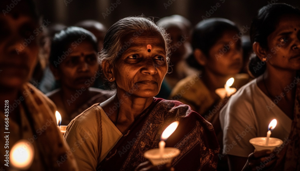 Men and women celebrate spirituality with candlelight, praying and happiness generated by AI Men and women celebrate spirituality with candlelight, praying and happiness generated by AI