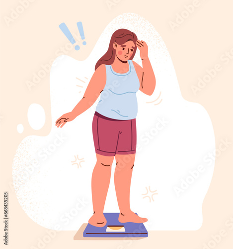 Overweight woman concept. Young fatty girl at scales. Problem with eating. Mental and psychological issues. Shocked and sad person. Graphic element for website. Cartoon flat vector illustration