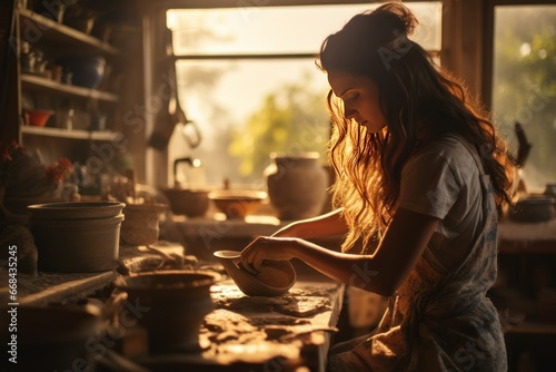 Woman crafting pottery in a sunlit studio.